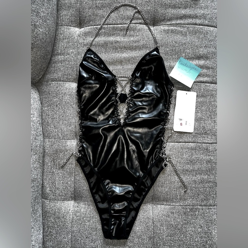 Black Bodysuit with Silver Chain Details